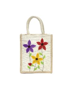 Off-White Gusset Applique Design Jute Bags, 30cm x 25cm x 13cm