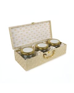 Golden Trunk Box with 3 Jars & Handle, 33cm x 14cm x 10cm