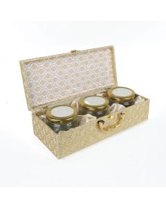 Golden Trunk Box with 3 Jars & Handle, 33cm x 14cm x 10cm