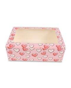 Pink Heart Printed Window Bakery Boxes, 25cm x 25cm x 9cm